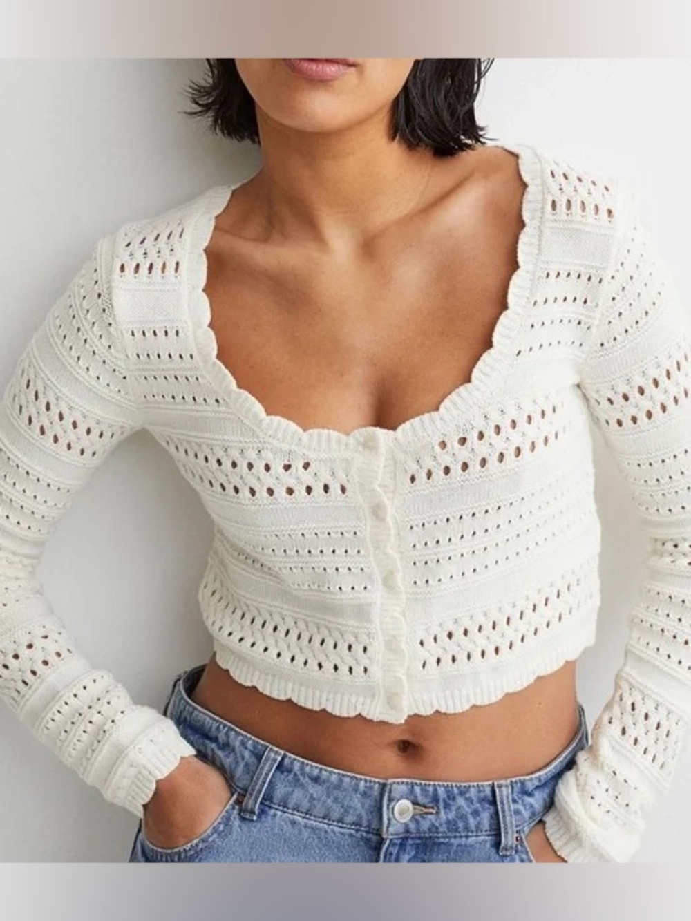 H&M Crochet Knit Cream Cardigan Sweater